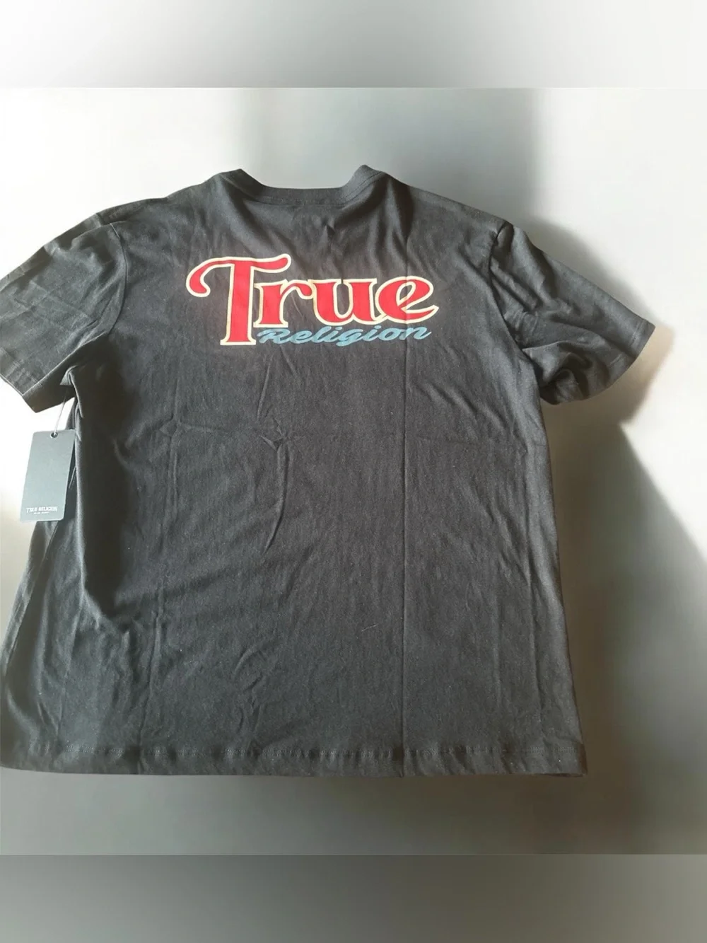 True Religion Black Short-Sleeve Tee with Blue '02' and logo NWT SZ L